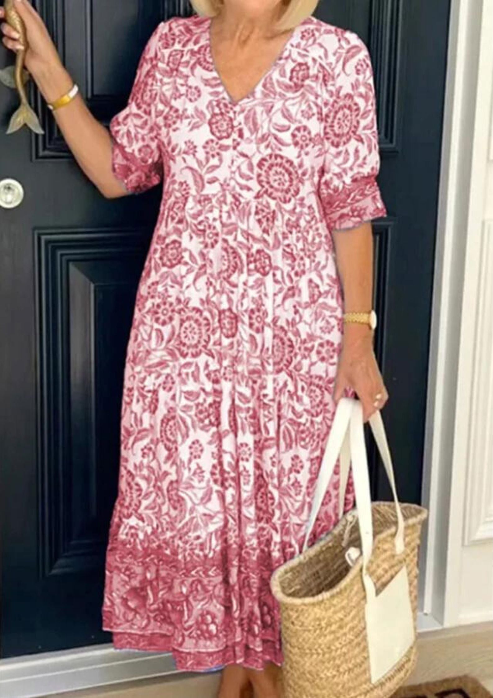 Camilla™ Cotton Floral V-neck Dress Casual Dresses Belleza & Glamour Red XS 