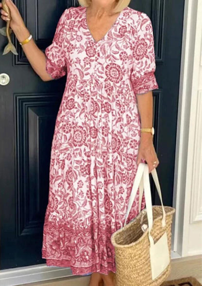 Camilla™ Cotton Floral V-neck Dress Casual Dresses Belleza & Glamour Red XS 