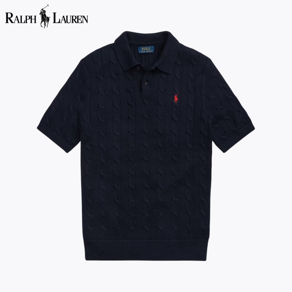 RL Cable-Knit Cotton Polo-Collar Sweater RL Cable-Knit Cotton Polo-Collar Sweater Slate Crown Blue Navy S 