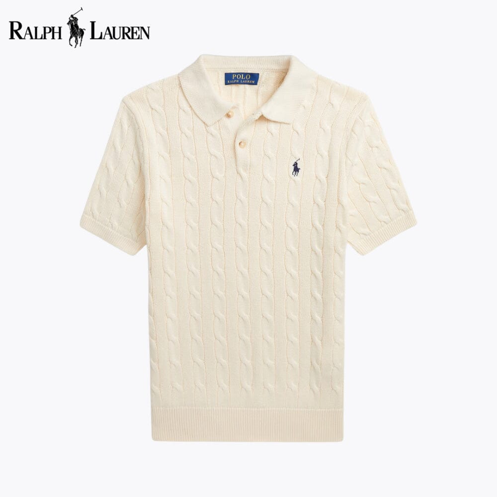 RL Cable-Knit Cotton Polo-Collar Sweater RL Cable-Knit Cotton Polo-Collar Sweater Slate Crown Cream S 